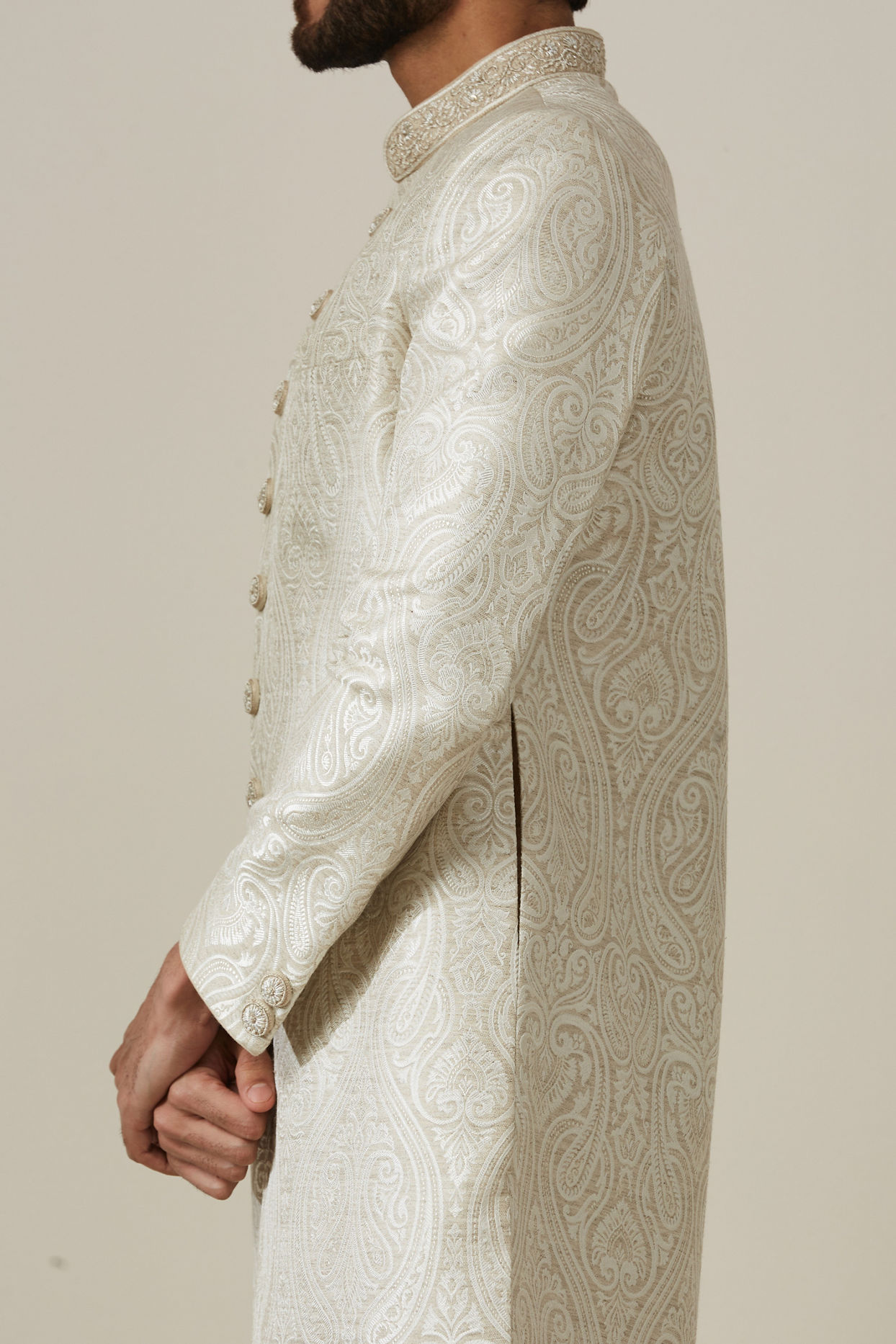 Classy White Patterned Sherwani Set image number 2